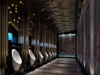 Public Restroom Interior With Row Of White Urinals Metallic Decor And Hanging Yellow Ornaments 3d model