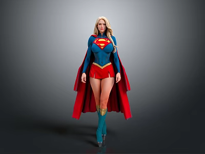 Blonde Superhero Woman In Blue Top Red Shorts And Red Cape With Superman Logo 3d model