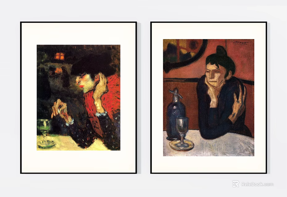 Portrait Paintings of Figures at Table with Wine Glasses Plates and Decorative Backgrounds 3d model 