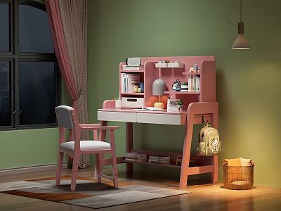 Pink Study Desk In Green Room With White Chair Bookshelf Backpack And Window Curtain 3d model