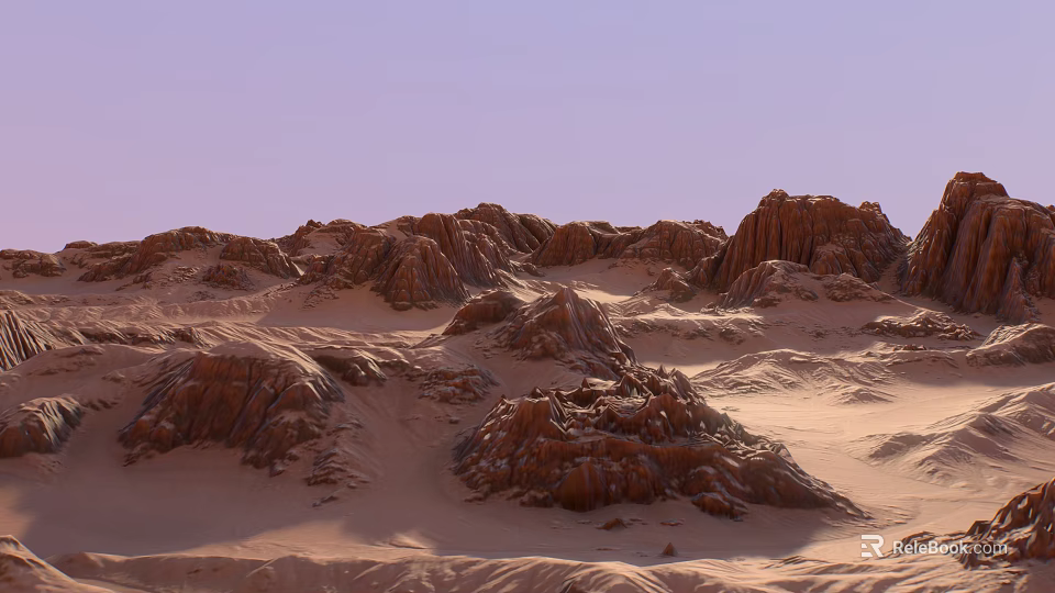 Majestic Desert Landscape With Rugged Rock Formations Sandy Terrain And Lavender Sky 3d model 