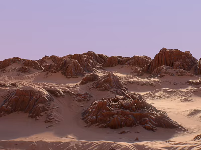 Majestic Desert Landscape With Rugged Rock Formations Sandy Terrain And Lavender Sky 3d model