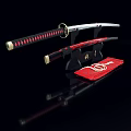 Traditional Japanese Katana Sword With Red Scabbard On Black Stand And Red Base