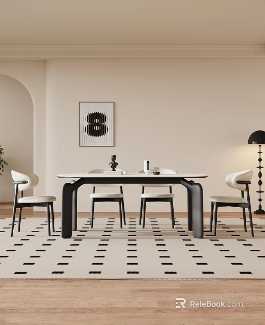 Modern Minimalist Dining Table Set With White Top Black Legs Chairs And Dot Rug 3d model 