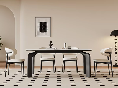 Modern Minimalist Dining Table Set With White Top Black Legs Chairs And Dot Rug 3d model