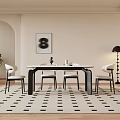 Modern Minimalist Dining Table Set With White Top Black Legs Chairs And Dot Rug