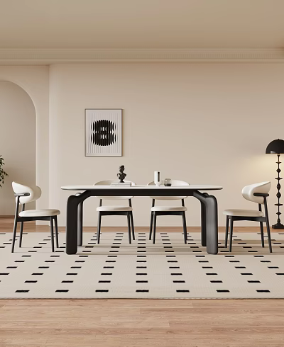 Modern Minimalist Dining Table Set With White Top Black Legs Chairs And Dot Rug 3d model