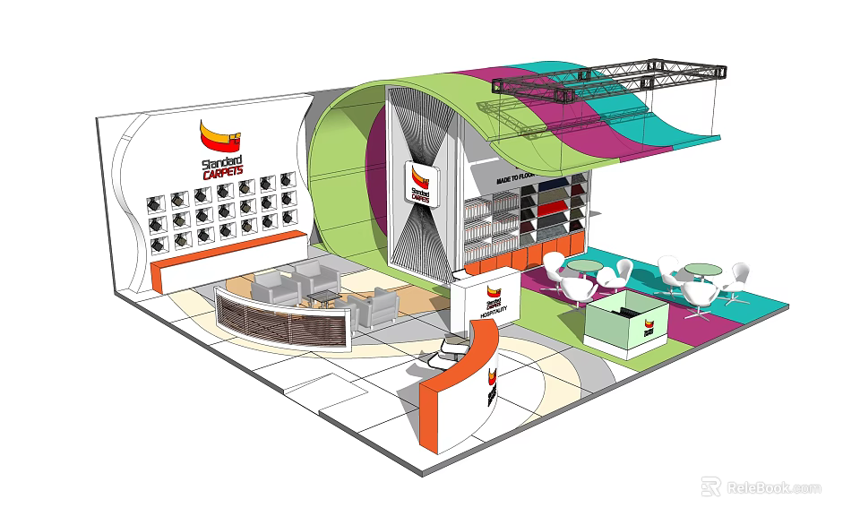 Modern Exhibition Booth Design With Colorful Curved Structures Reception Desk Display Shelves And Seating Area 3d model 