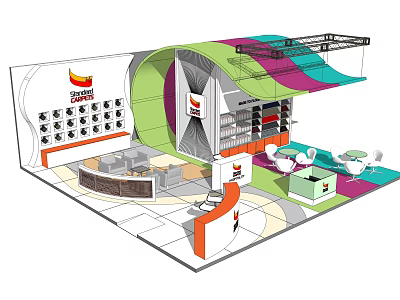 Modern Exhibition Booth Design With Colorful Curved Structures Reception Desk Display Shelves And Seating Area 3d model