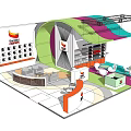 Modern Exhibition Booth Design With Colorful Curved Structures Reception Desk Display Shelves And Seating Area