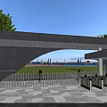 School Entrance Gate With Gray Stone Arched Design Emblem White Fence Trees And People