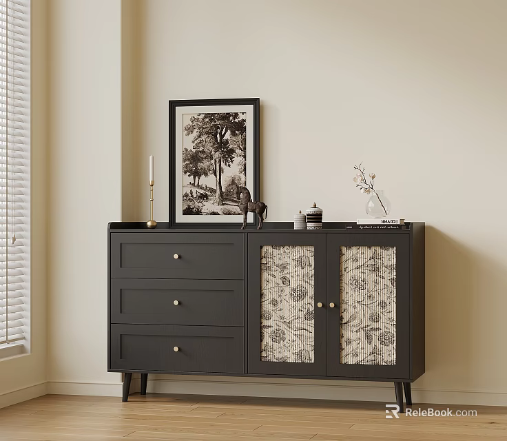 Black Console Sideboard Cabinet With Drawer Patterned Door And Decorative Items 3d model 