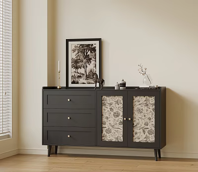 Black Console Sideboard Cabinet With Drawer Patterned Door And Decorative Items 3d model