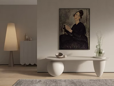 Elegant Female Portrait Painting On Wall In Modern Interior With Decorative Bench And Floor Lamp 3d model