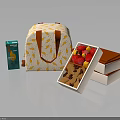 Yellow Bird Pattern on Blue Box with White Handbag and Open Boxes of Colorful Candies