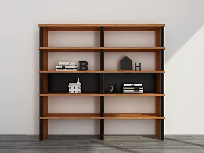 Modern Wooden Bookshelf With Brown Black Frame And Decorative Books Model House 3d model