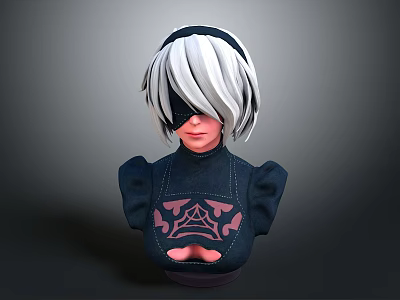 3D Character Bust Sculpture With White Silver Hair Black Blindfold And Dark Outfit Pink Patterns 3d model