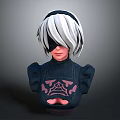 3D Character Bust Sculpture With White Silver Hair Black Blindfold And Dark Outfit Pink Patterns