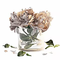 Modern Elegant Decorative Ornament Set With Glass Vase Beige Gray Peonies And Leaves