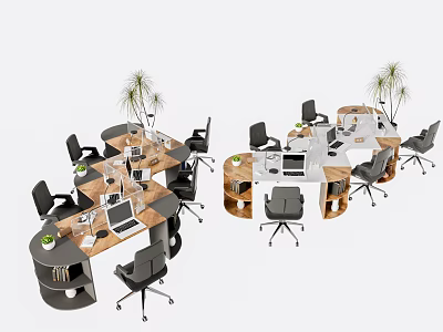 Modern Office Desk Workspace With Chairs Laptops Plants And Shelves 3d model