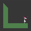 Cartoon Scene Featuring Green Geometric Structure Small White Character With Pink Decorations On Black Background