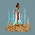 Egyptian Goddess Figure In Traditional Attire With Blue Hieroglyphics And Stone Blocks
