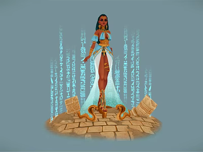 Egyptian Goddess Figure In Traditional Attire With Blue Hieroglyphics And Stone Blocks 3d model