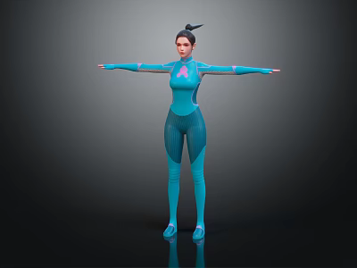 3D Digital Female Character In Teal Bodysuit Standing With Outstretched Arms 3d model