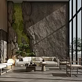 Modern Hotel Public Lounge Area With Stone Wall Greenery Wooden Furniture And Large Windows