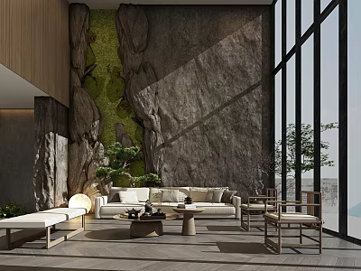 Modern Hotel Public Lounge Area With Stone Wall Greenery Wooden Furniture And Large Windows 3d model