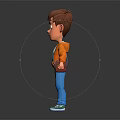 Cartoon Boy Character In Orange Hoodie Blue Pants Green Shoes With Brown Bag On Dark Background