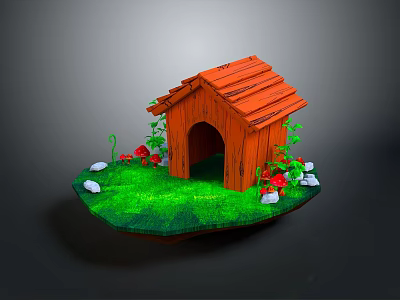 Wooden Dog House with Red Roof Green Grass Red Mushrooms and White Stones 3d model