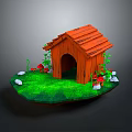 Wooden Dog House with Red Roof Green Grass Red Mushrooms and White Stones