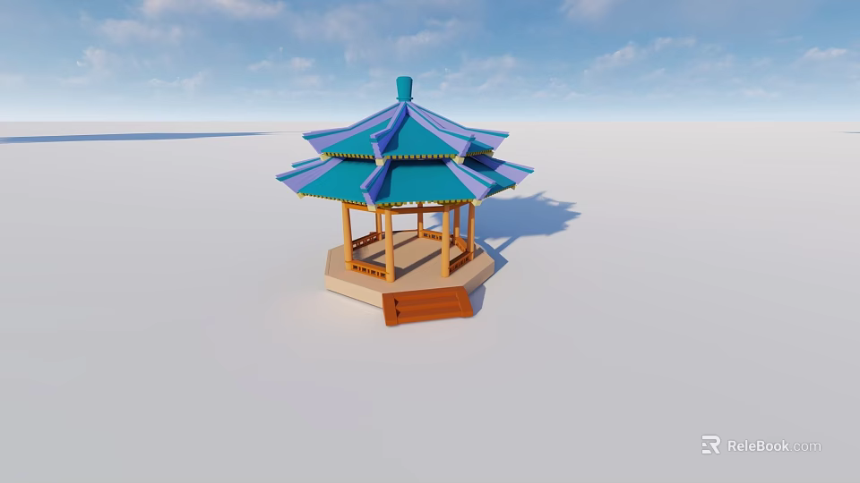 Traditional Chinese Pavilion With Blue Purple Roof And Wooden Pillars Steps In Open Area 3d model 