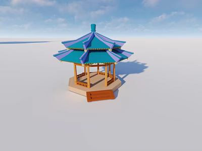 Traditional Chinese Pavilion With Blue Purple Roof And Wooden Pillars Steps In Open Area 3d model
