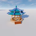 Traditional Chinese Pavilion With Blue Purple Roof And Wooden Pillars Steps In Open Area