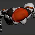 Red Haired Character In White Black And Orange Bodysuit Holding Device On Dark Background
