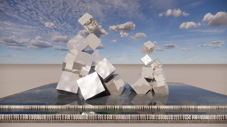 Outdoor Landscape Sculpture Featuring Silver Cubes Stacked On Water Surface With Blue Sky Clouds 3d model 