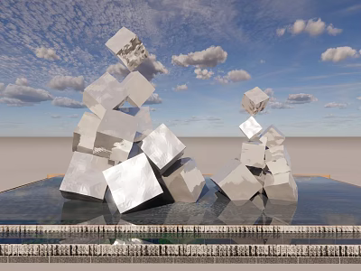 Outdoor Landscape Sculpture Featuring Silver Cubes Stacked On Water Surface With Blue Sky Clouds 3d model