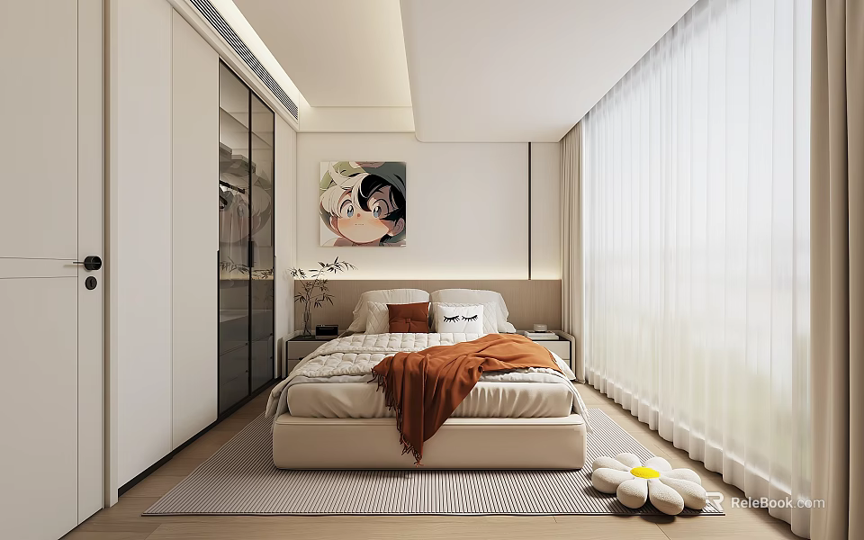 Modern Kids' Room Interior Design With Bed Wardrobe Curtains Carpet And Decorative Painting 3d model 