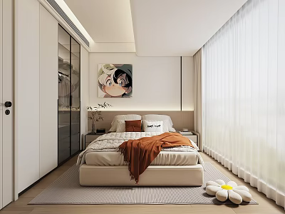Modern Kids' Room Interior Design With Bed Wardrobe Curtains Carpet And Decorative Painting 3d model