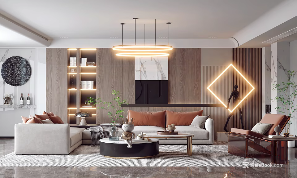 Modern Living Room Interior With Circular Pendant Lights Geometric Floor Lamp And Wooden Accent Wall 3d model 