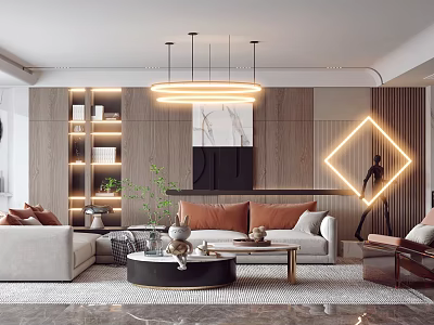 Modern Living Room Interior With Circular Pendant Lights Geometric Floor Lamp And Wooden Accent Wall 3d model