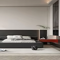 Modern Bedroom Interior Design With Black Headboard Bed Pillows Accent Chair And Pendant Lights