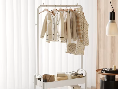 White Metal Clothes Rack with Hanging Light Colored Clothes and Storage Shelf for Home Bedroom 3d model