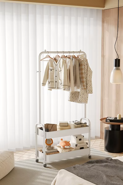 White Metal Clothes Rack with Hanging Light Colored Clothes and Storage Shelf for Home Bedroom 3d model