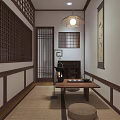 Traditional Teahouse Interior With Wooden Ceiling Tables Chairs And Tea Sets On Shelves