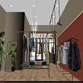 Modern Clothing Store Interior With Green Plants Mirror Clothing Racks And Display Table