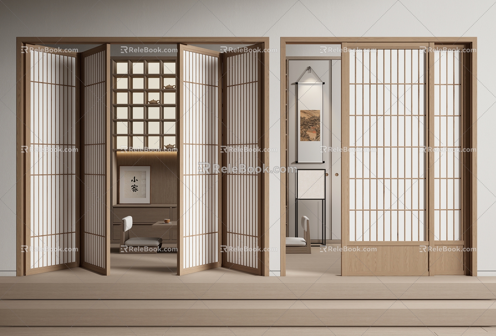 Japanese-style folding door sliding door multi-folding door grille door futon 3d model