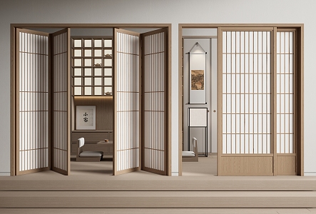 Japanese-style folding door sliding door multi-folding door grille door futon 3d model